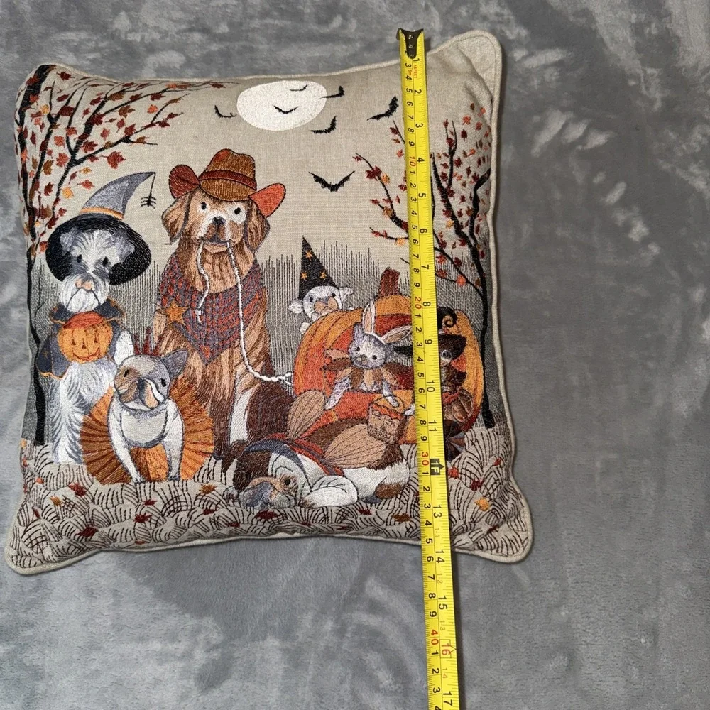 Pier 1 One Pillow Fall Halloween‎ Embroidered Dogs & Cats In Costumes 15